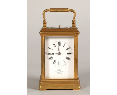 French brass repeating carriage clock, engraved AIGUILLES on the back,  Examp by Dent, 4 Royal Exchange Cornhill London, 15cm