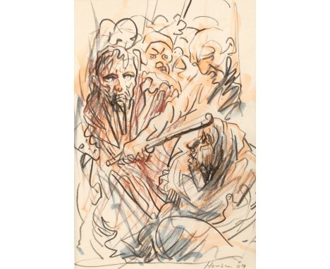 Peter Howson OBE (Scottish born 1958) ARR, framed charcoal and ink, signed , dated (20)09, "Christ Looking At Peter", 20cm x 