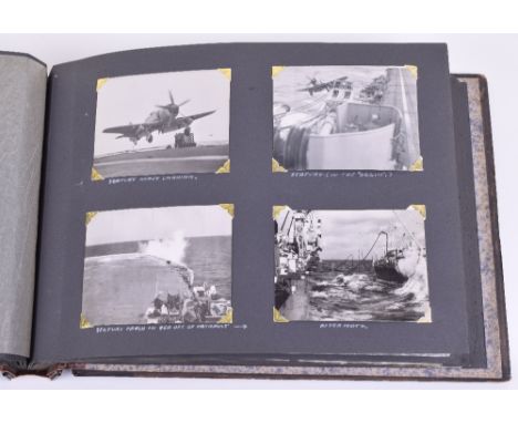 Royal Navy Aircraft Carrier HMS Glory Korean War Photograph Album, compiled by Naval Air Mechanic M A Upton. The album starts