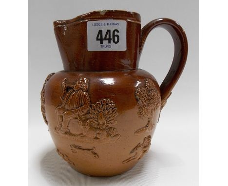 Salt glazed hunting jug with typical sprigged decoration, height 5.5in.