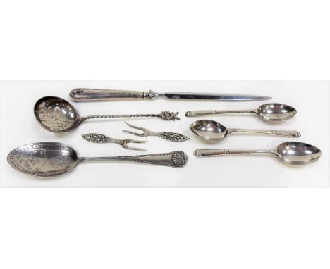 Five various silver spoons including a sifter spoon with windmill finial handle; together with a pair of small white metal pi