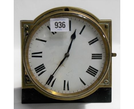 Unusual brass bulkhead timepiece upon adjustable ratchet stand, the bulkhead hinged to the ebonised back board and with white
