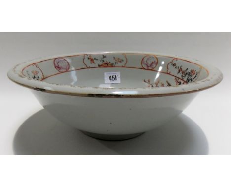 17th Century Chinese export famille rose bowl, decorated with four figures within a garden with two sheep, diameter 10.5in (w