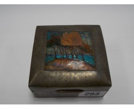 Liberty & Co. tudric pewter rectangular cigarette box, the hinged lid inset with an enamel lake landscape (enamel AF), the ba