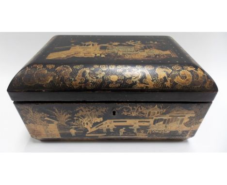 19th Century Chinese export black lacquer gilt painted tea caddy, the hinged canted rectangular lid enclosing three pewter co