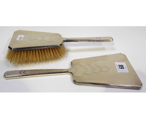 Silver Art Deco engine turned hairbrush and hand mirror, London 1933