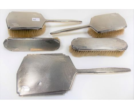 Art Deco silver engine turned five-piece dressing table set, Sheffield 1933