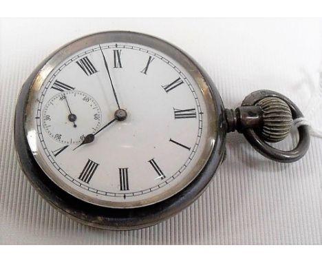 Silver cased crown wind open faced pocket watch, the enamel dial with Roman Numerals and subsidiary seconds dial, the case st