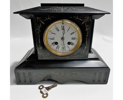 Slate two train mantel clock, the white enamel dial signed HRY MARC PARIS, with French movement, width 10in.