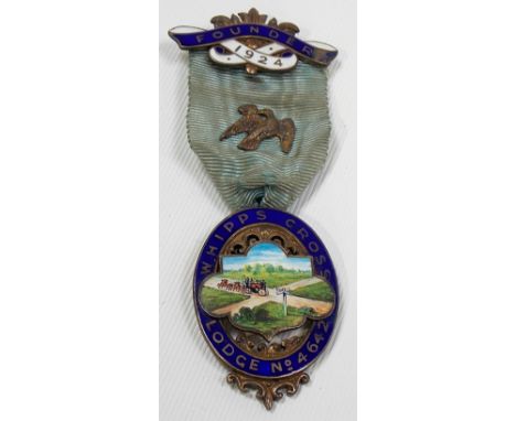Silver gilt and enamel Masonic jewel for Whipps Cross Lodge, no. 4642, the centre depicting a coach.