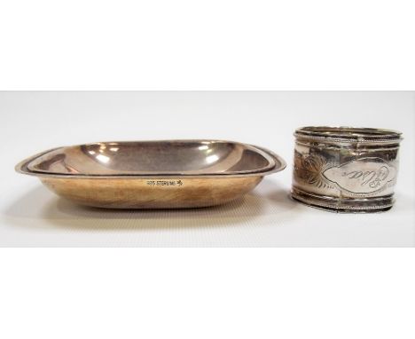 White metal square small dish, stamped 925 STERLING; together with a white metal napkin ring, weight 68g approx.