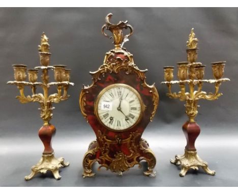 19th Century French tortoiseshell and ormolu mounted clock garniture, the 5in white enamel dial with Roman numerals and Arabi