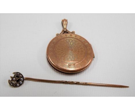 9ct rose gold engine turned pendant locket, weight 4.3g approx together with a yellow metal tie pin, the head set with seed p