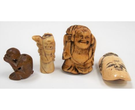 Three Japanese bone Netsukes; together with a soapstone monkey Netsuke (4).