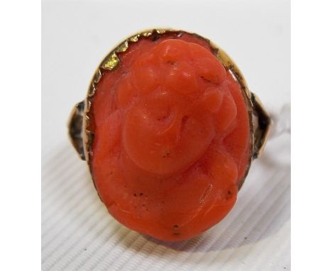 9ct gold ring set with an antique coral cameo, weight 3.4g approx.