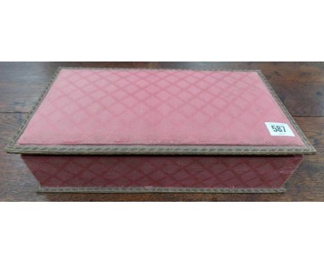 Rectangular upholstered box containing treen items including a rectangular snuff box