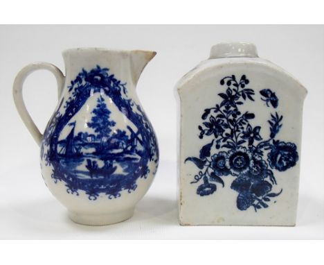 18th Century Worcester blue and white transfer printed rectangular section tea caddy, open crescent mark to the base (lacks l