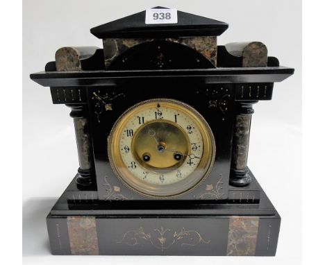 Black slate and marble two train mantel clock with French movement and within architectural case, height 12in.