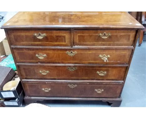 18th Century Walnut veneered feather banded chest of two short over three long graduated drawers raised on bracket feet, widt