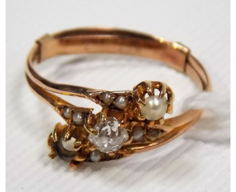 Yellow metal diamond and pearl set ring, the rose cut diamond of 0.10ct spread approx (one pearl missing), weight 1.6g approx