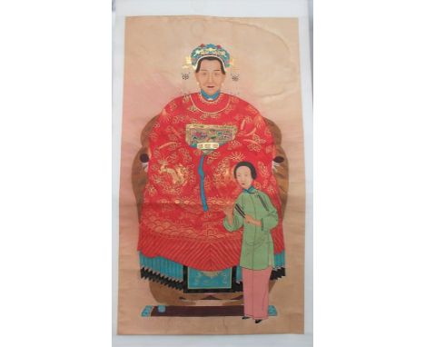 Large antique Chinese ancestor portrait scroll on silk depicting an elderly lady in Court robes with child,  66in x 37in