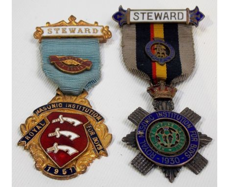 Silver and enamel Masonic jewel for The Royal Masonic Institution for Boys dated 1930; together with a gilt metal Steward Roy