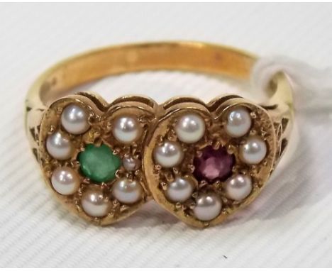 Attractive 9ct gold ring designed as two intertwined hearts set with seed pearls, an emerald and ruby, weight 3g approx