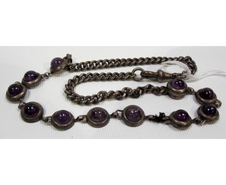 Hallmarked silver necklace with eleven collet set amethyst cabochons, length 38cm (one link missing)