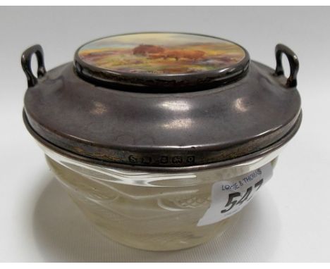 Harry Stinton decorated Royal Worcester silver lidded toilet jar and cover, the circular porcelain inset panel decorated with