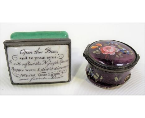 Mid-18th Century rectangular enamel patchbox, the lid inscribed 'Open this box, and to your eyes, it will reflect the nymph's