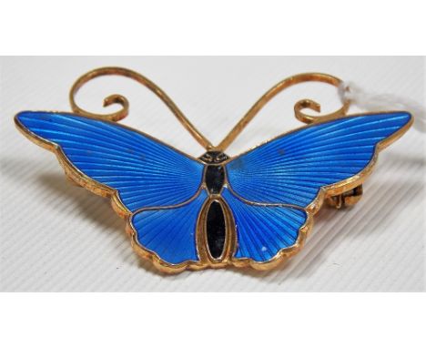 David Andersen sterling silver gilt guilloche blue enamel butterfly brooch, stamped with name, NORWAY STERLING 925S 