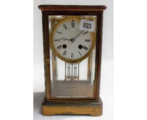 Lacquered brass four glass two train mantel clock with French movement and a twin Mercury tube pendulum, striking on a gong, 