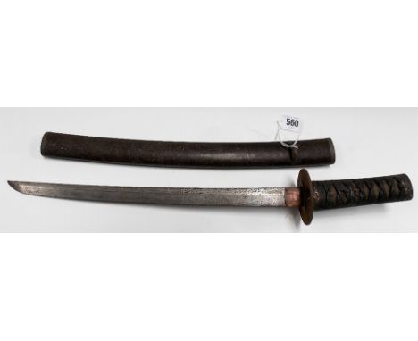 A Japanese short sword with lacquer sheath, the shagreen handle bound in fabric with Menuki and ring with birds and with pier