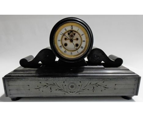 Slate drum head mantel clock, the enamel chapter ring with visible escapement, French movement, width 18in
