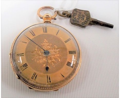 19th Century 18ct gold cased open faced pocket watch, the case foliate engraved and engine turned, gilt textured dial with Ro