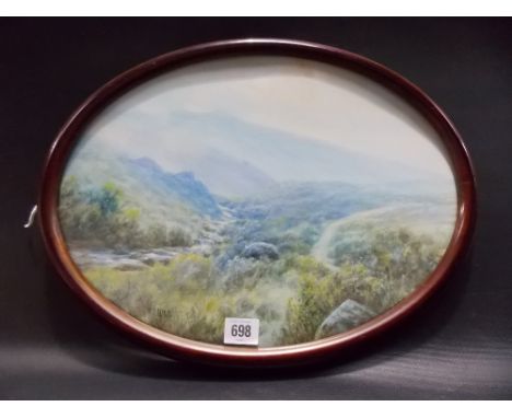 R. J. LUGG 'Moorland Landscape', gouache, oval, 11.5in x 15.5in.