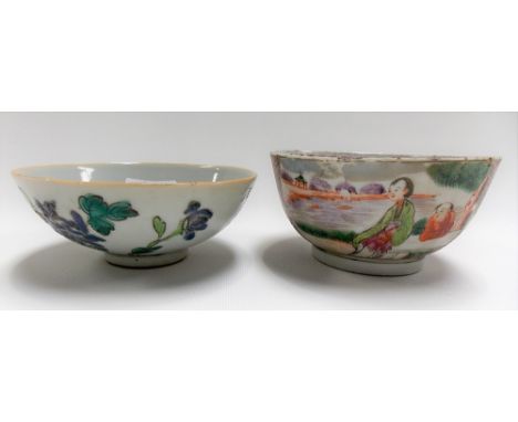 Two Chinese bowls, one in Mandarin palette decorated with reserves of figures, diameter 0.25in (af); together with a wucai bo