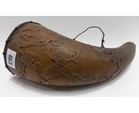 Chinese carved powder horn with incised calligraphy writing and blossoming branches with birds, length 12in approx.