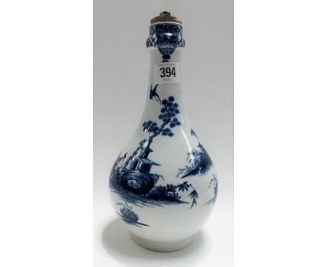 First period Worcester porcelain blue and white guglet water bottle, chinoiserie decorated with willow, bridge and fisherman 