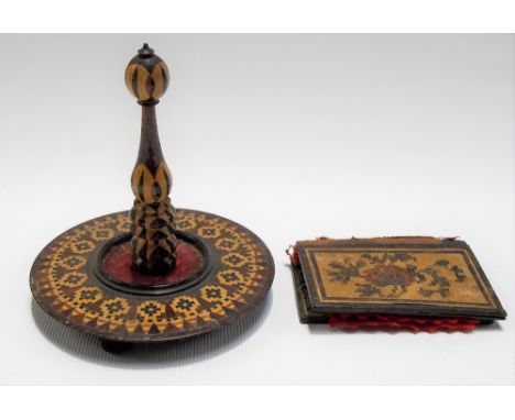 A Tunbridge Ware pin book together with a Tunbridge Ware ring stand (2)