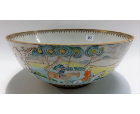 17th Century Chinese export hunting scene bowl decorated with reserves of figures on horseback within landscape with hounds a