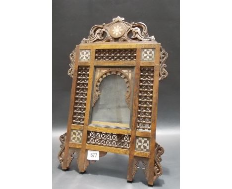 Moroccan mother of pearl inlaid photograph frame with bobbin turned panels, height 17in.