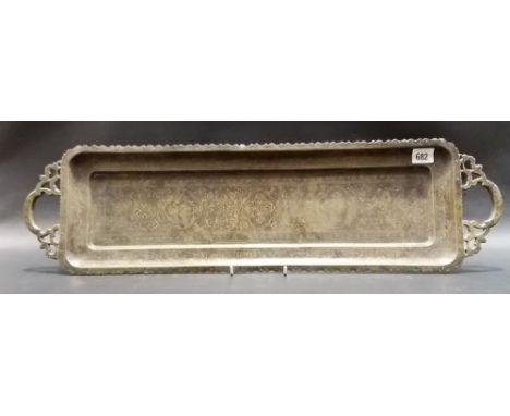 Indo-Persian brass and black enamel foliate engraved twin handled rectangular tray, width 28.5in.