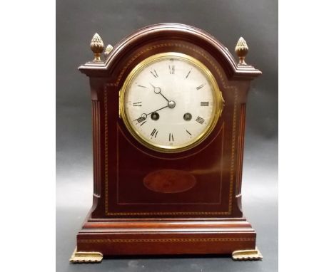 Mahogany inlaid two train mantel clock with 4in white enamel dial with Roman numerals, the French movement striking on a gong