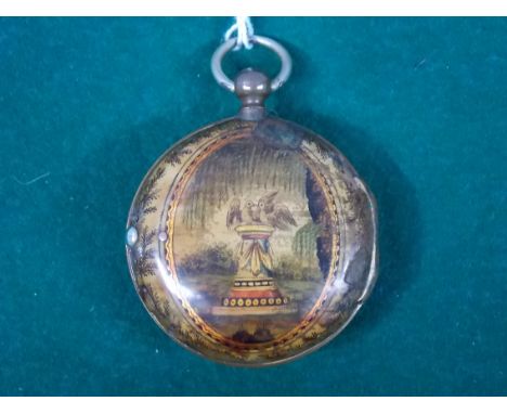 Rare 18th Century gilt metal pair case pocket watch, the outer case with a horn painted and gilded cover decorated with loveb