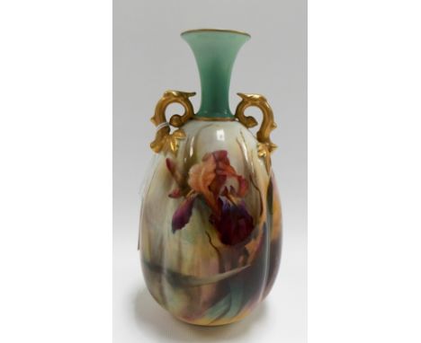 Royal Worcester Hadley Ware twin handled ovoid bottle vase painted with Iris and signed A.C. Lewis, printed marks to the base