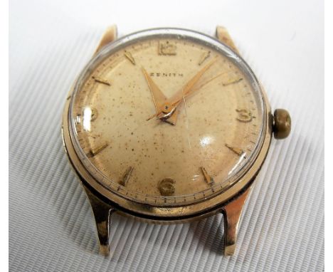 Zenith 9ct gold gentleman's manual wind wristwatch with 12, 3, 6, 9, Arabic numerals and baton markers and with champagne dia