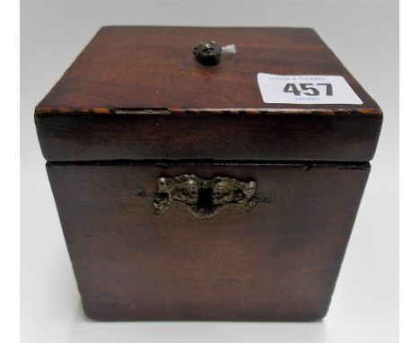 George III mahogany hinge lidded cube tea caddy, the hinged lid with boxwood and ebony inlay, the interior later velvet lined