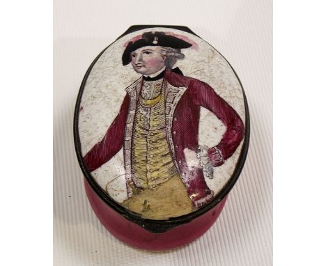Mid-18th Century enamel oval hinge lidded box, the lid three quarter length painted with a gentleman in tricorn hat, the base
