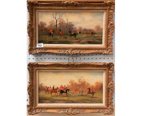 RUDOLPH STONE (1920-?) - pair of fox hunting scenes, oil on panel, both signed, 6in x 12in